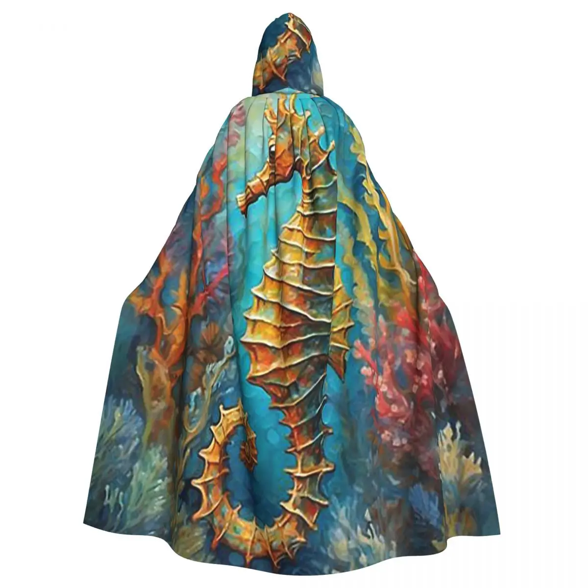 Seahorse Amongst Vibrant Corals And Swaying Seaweed Long Hooded Cloak Witch Costume Cosplay Cape HalloweenCoat Adult Unisex