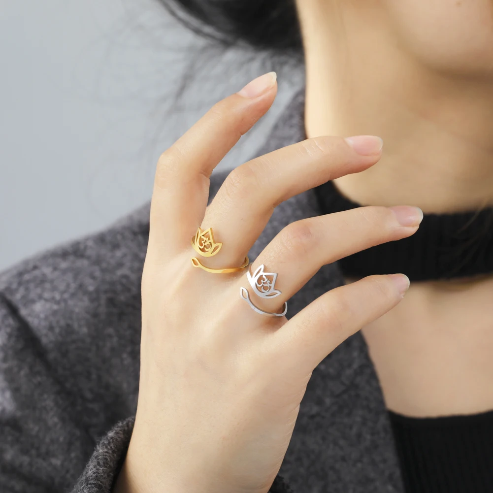 Unift Hindu Yoga Lotus Flower Ring Seed of Life Adjustable Stainless Steel Rings for Women Men Vintage Buddha Jewelry Wholesale