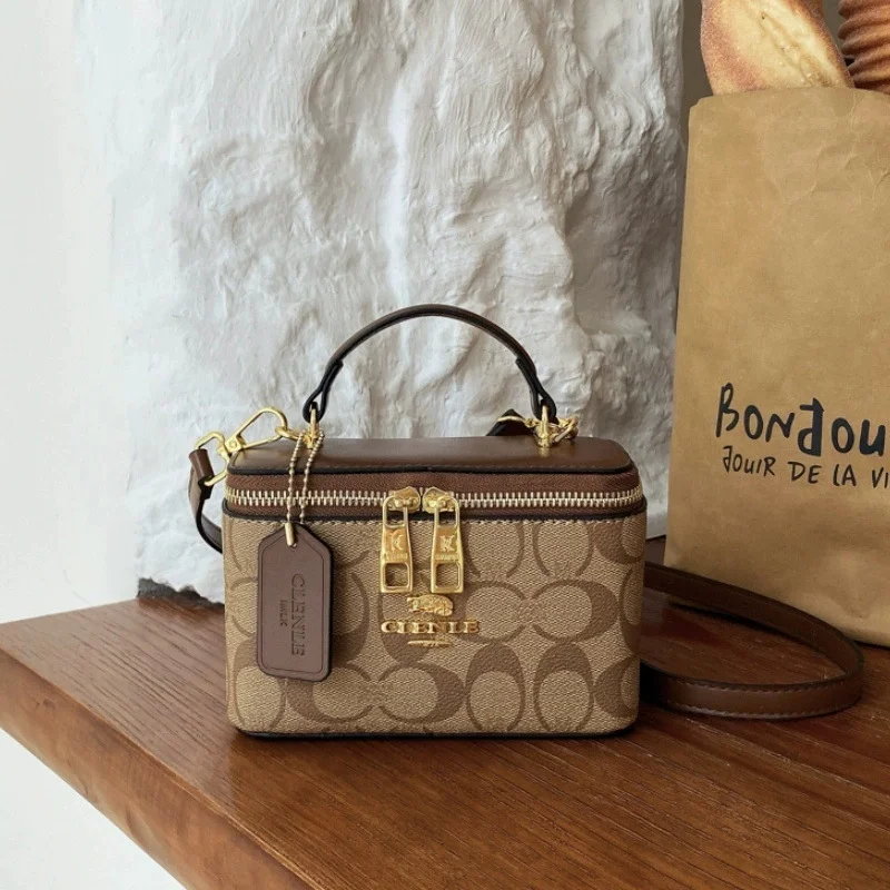 Women Vintage Handbag 2026 New Monogram Print Crossbody Bag High Quality Mini Vanity Case Box Bag Double Zipper Top Handle Shoul