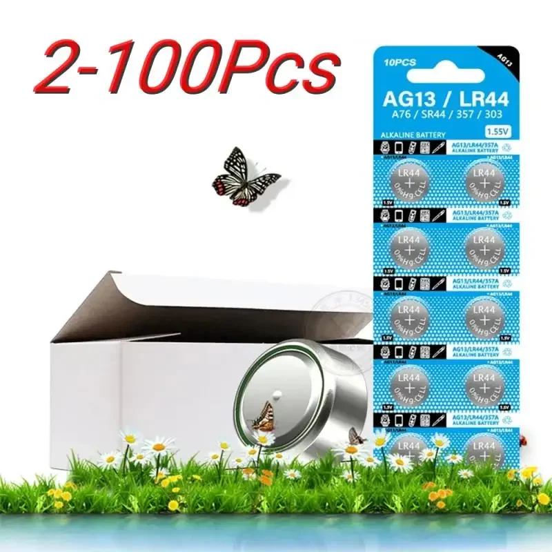 

100-2PCS AG13 LR44 A76 Button Cell Coin Alkaline Battery 1.5V SR44SW 357 303 For Watches Toys No Mercury Lithium Battery Pack