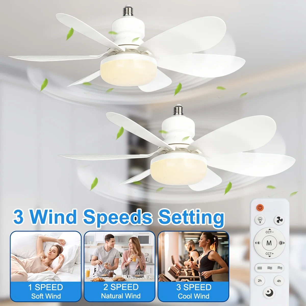 20.5-Inch Ceiling Fan Light, 3-Speed Wind Speed, Screw-Type Small Ceiling Fan, Suitable for Bedrooms, Living Rooms, Kitchens