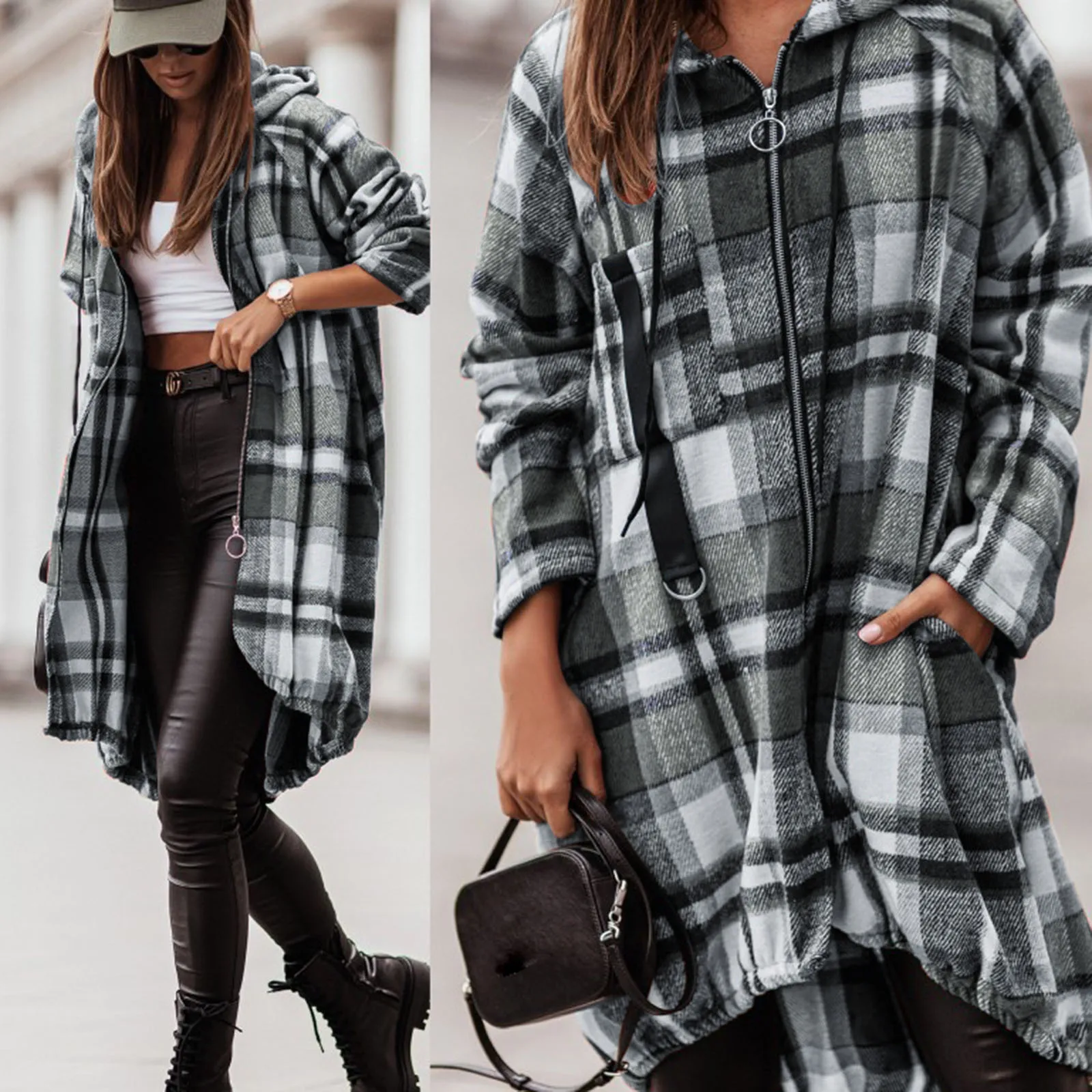 Ladies Fashion Zipper Loose Hooded Plaid Printed Shirt Zipper Irregular Jacket Zip Up Outwear Coats Loose Coat