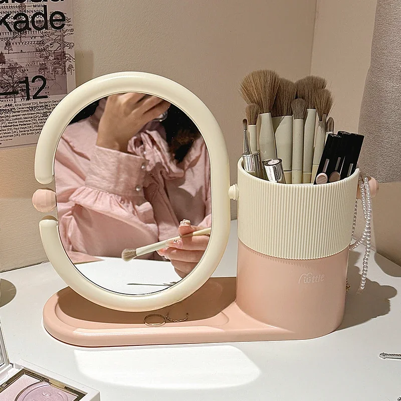 

Lovely Pink Mirrors Multifunctional Rotating Mirror with Makeup Brush Storage Bucket Desktop Makeup Mirror for Girls Room New