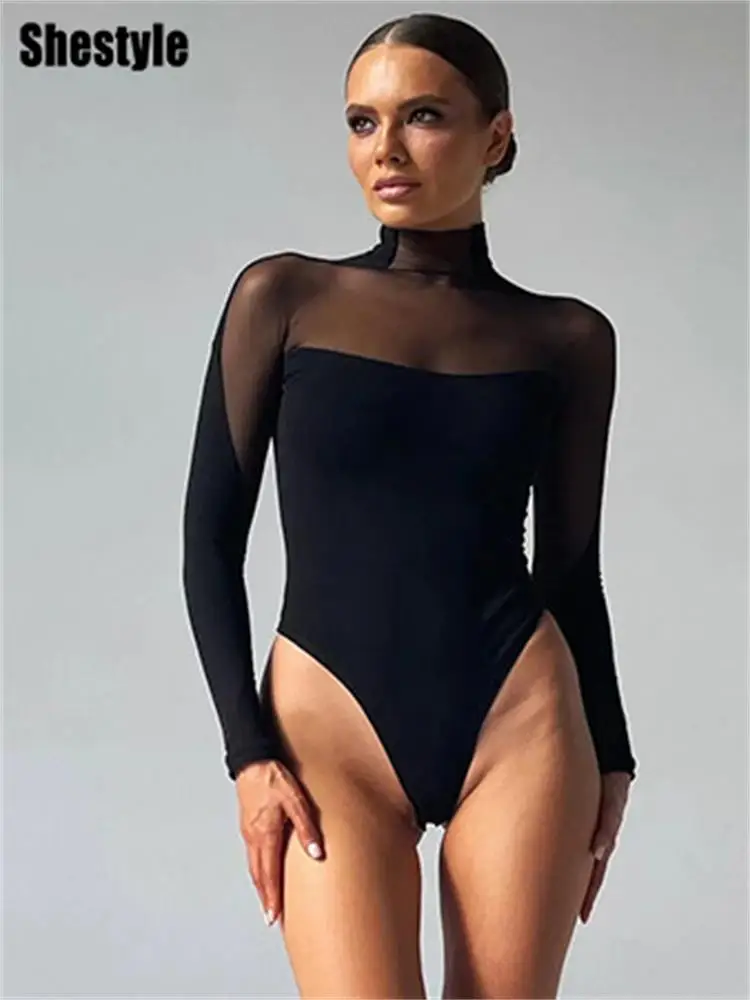 Shestyle Nude Mesh Patchwork Bodysuit Sexy Turtleneck See-Through Thong Cute T-Shirt Body Top Stylish Seductive Skinny Tees 2024