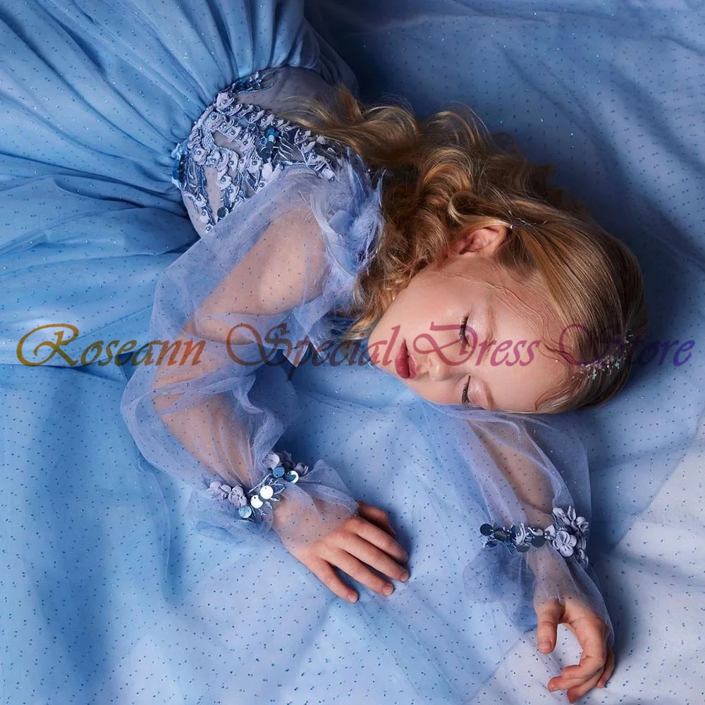 Bling Blue Flower Girls Dresses 2023 Applique Sequin Tulle Kids Wedding Party Dress Sweep Train Luxury Long Girl Princess Gowns