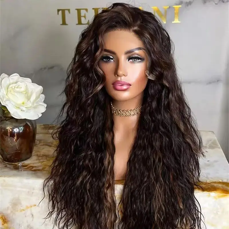 بني داكن مع خطوط العسل يسلط الضوء على الاصطناعية HD الدانتيل شعر مستعار أمامي 28 ''طويل شعر مستعار مجعد عميق للنساء Daiky حفلة تأثيري استخدام