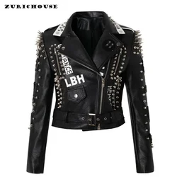 Steampunk Rivet Motorcycle Women's Leather Jacket 2024 New Streetwear Slim-fit Short Graffiti Print Faux Leather Cropped Jackets