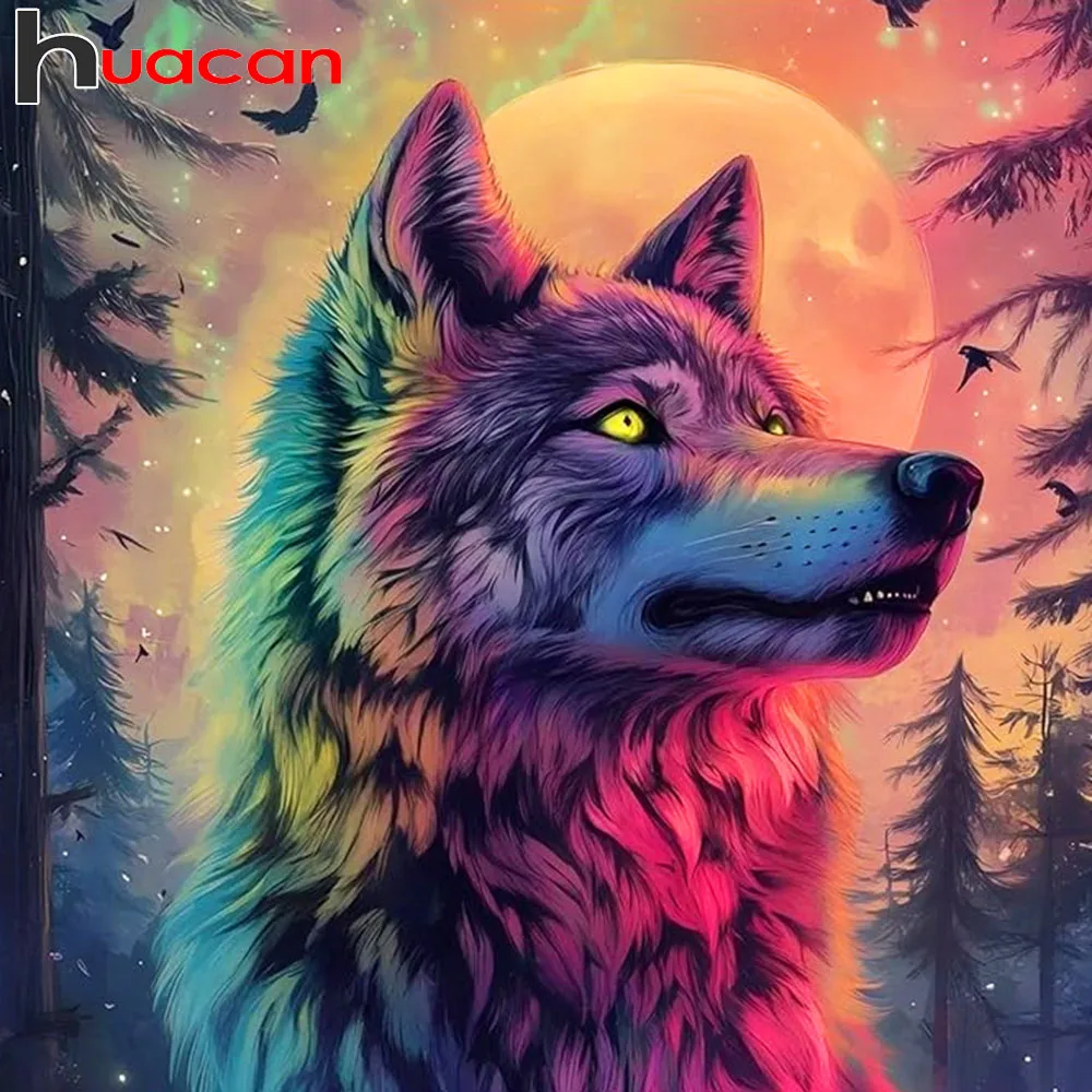 Huacan Vollständiges Diamant-Malset Wolf am Mond Diamant-Mosaik Tier-Landschaft Komplettes Set Dekorative Gemälde