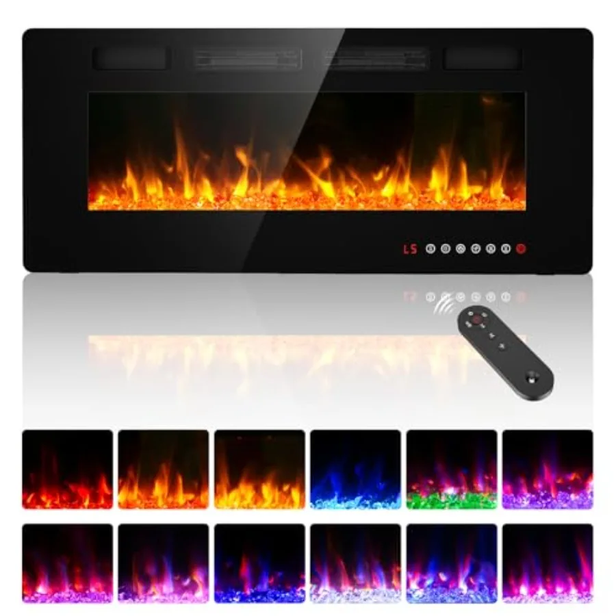 

42 Ultra Thin Electric Fireplace Insert-ETL Certified Recessed/Wall Mount 3D Flame with Crystal Remote Touch 750W/1500W 400 Sq.