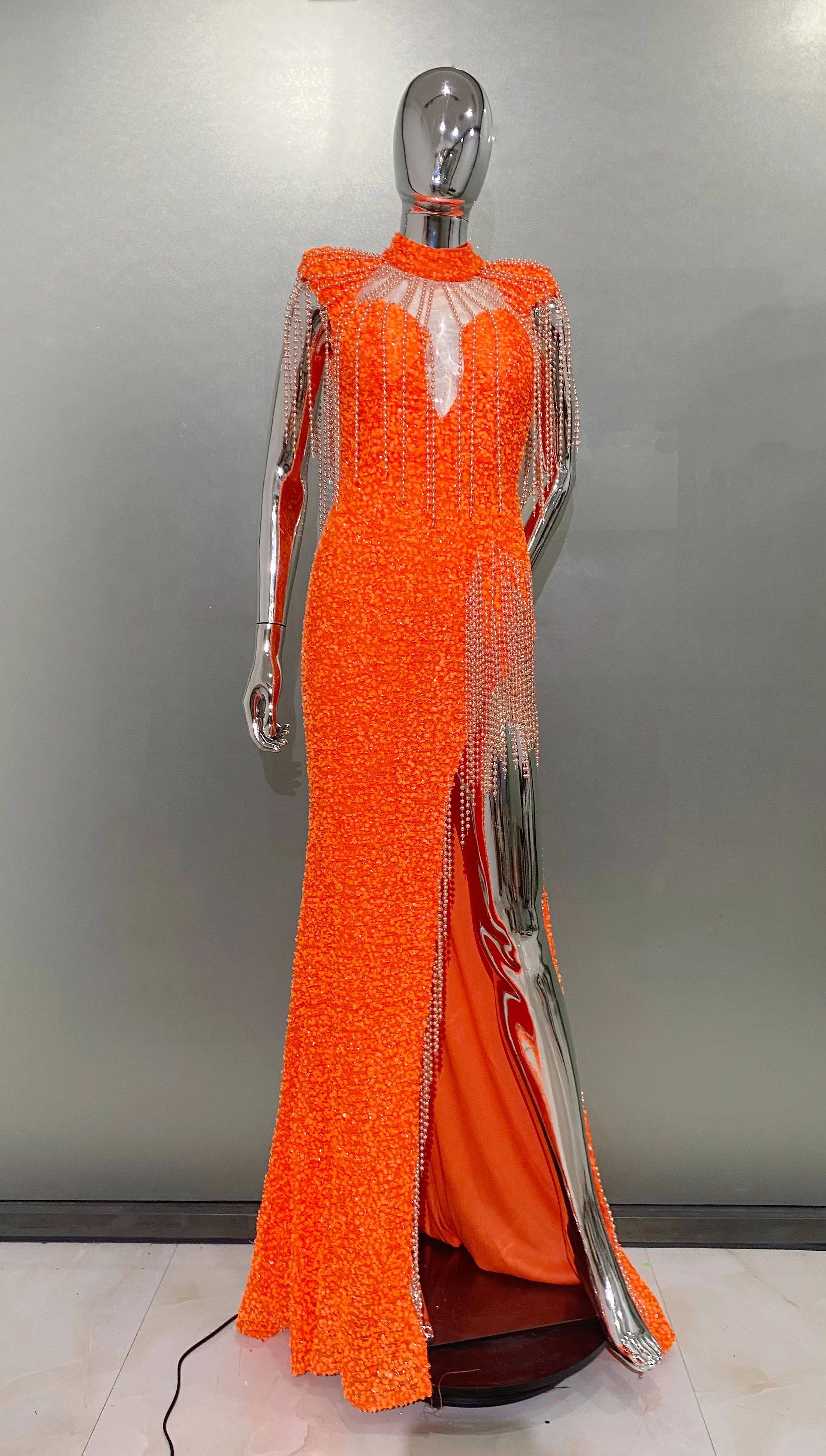 Women Luxury Sexy Short Sleeve Mesh Sequins Orange Maxi Long Dress 2024 Elegant Party Evening Stage Performance Dress Vestido