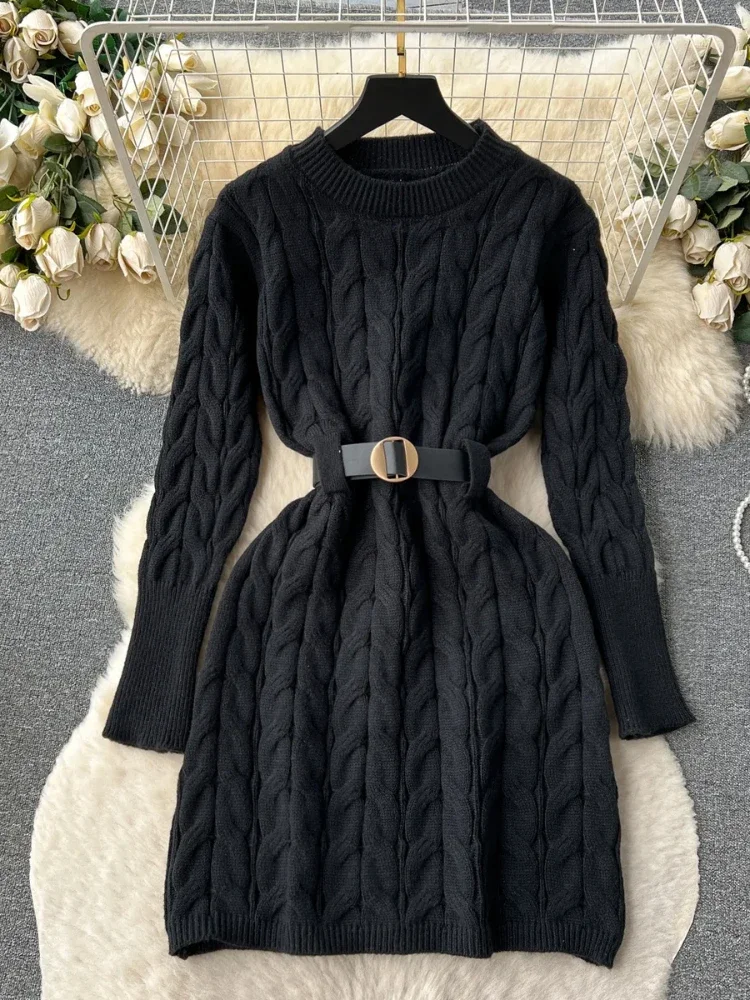 Autumn Chic Office Lady Knitted Dress Women Twist Drill Shaped Long Sleeves Belt Solid Dress Women Female Senior Fashion Sweater