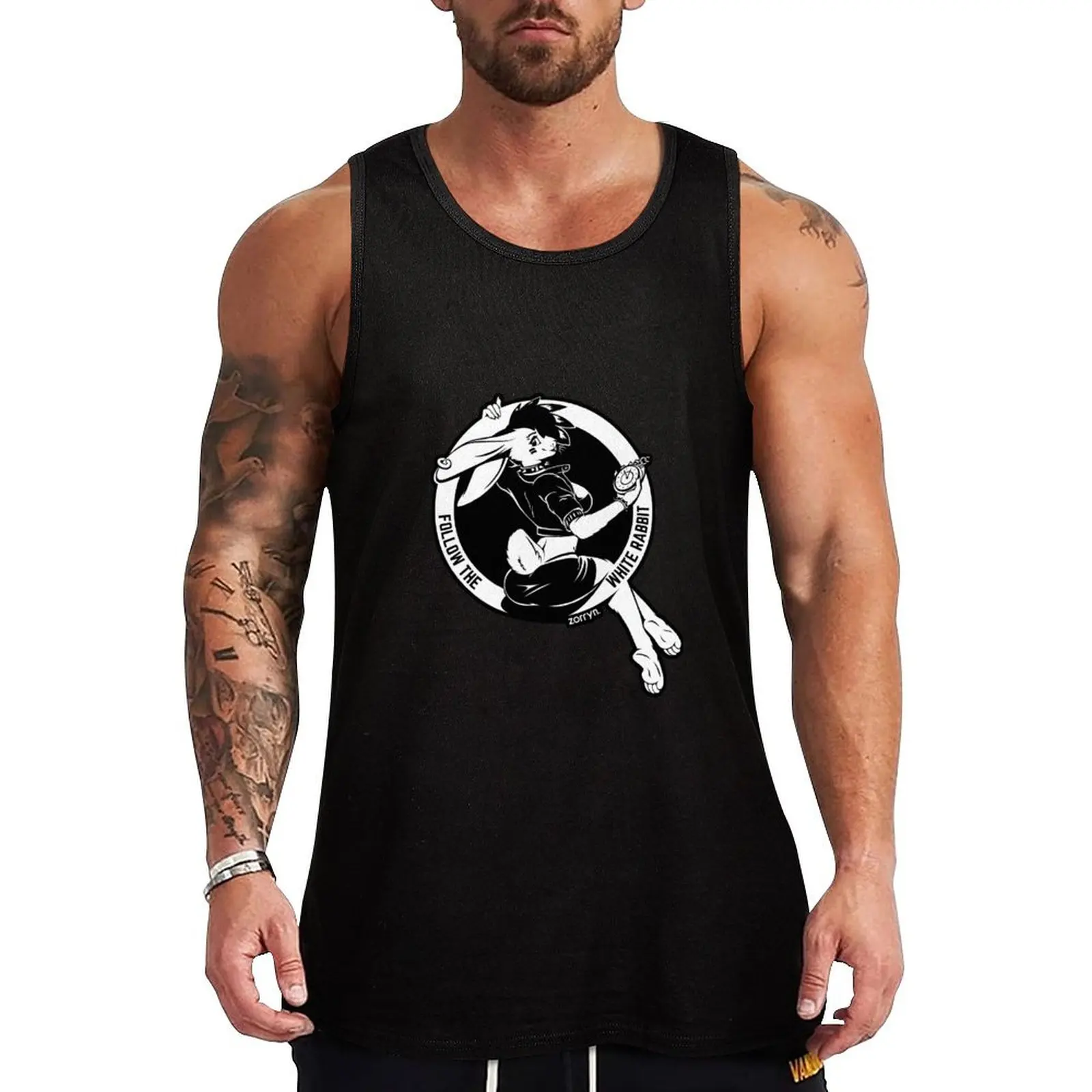 Follow the white rabbit - White with black outline on any base Tank Top fitness sports clothes for men Men's t shirt