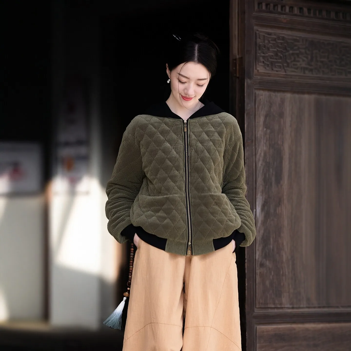 

Thiened Corduroy Casual Faionable Hooded Cotton Jaet Long Sve Women's Outerwear Loose Fit Autumn Winter Coat
