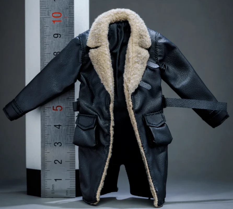 1/12 Scale Fur Collar Black Leather Overcoat for 6 '' Figure