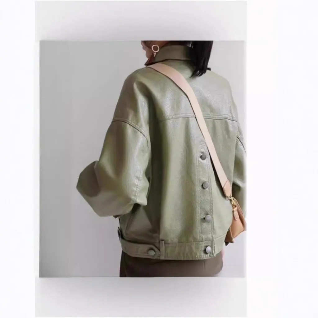 Lose Lederjacke für Damen, Motorrad-Stil, koreanische Version, Retro-Bf-Kurzmantel mit hoher Taille für Frühling und Herbst
