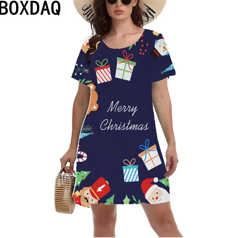 Nowa damska sukienka świąteczna 3D Funny Santa Claus Cute Party Mini Dress Women O-Neck Short Sleeve Casual A-Line Dress Vestidos