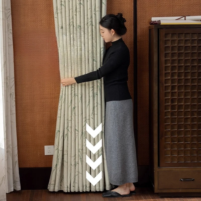 

French Green Full Blackout Chenille Curtains for Living Room Bedroom Chinese Printing Fresh Pastoral High Sense Window Custom