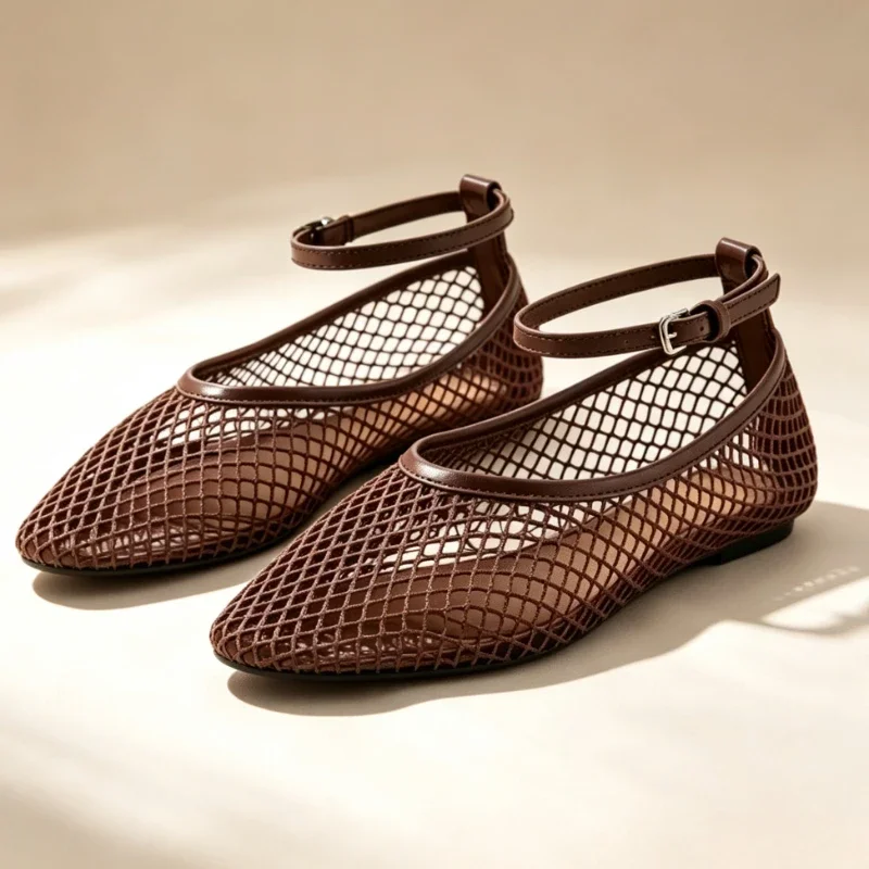 Luxury Designer Mesh Ballet Flats for Women Hollow Breathable Mary Jane Shoes Sexy Ankle-Strap Comfortable Outdoor Walking Shoes