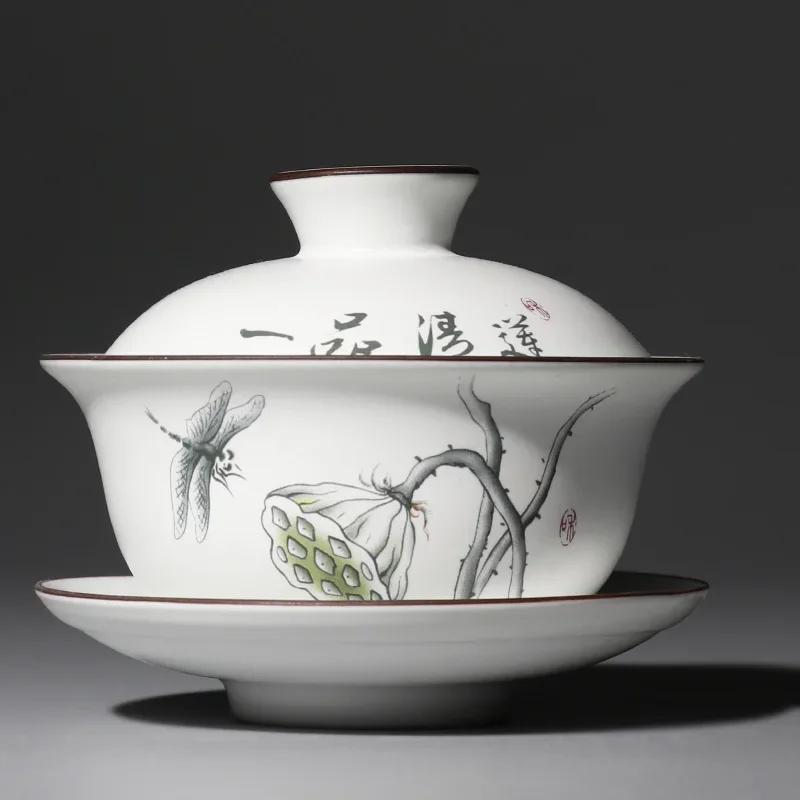 Matte White Ceramic Gaiwan, Teacup, Chinese Kung Fu Tea Set, Porcelain Tea Cup, Bowl, Tureen with Saucer, Elegant Teaware