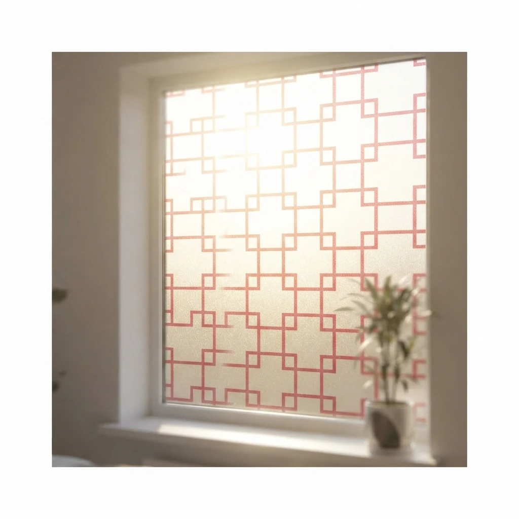 Reddish-Brown PVC Window Film Self-Adhesive Frosted Privacy Protection with Chinese Lattice Maze Grid Design Removable No Residu