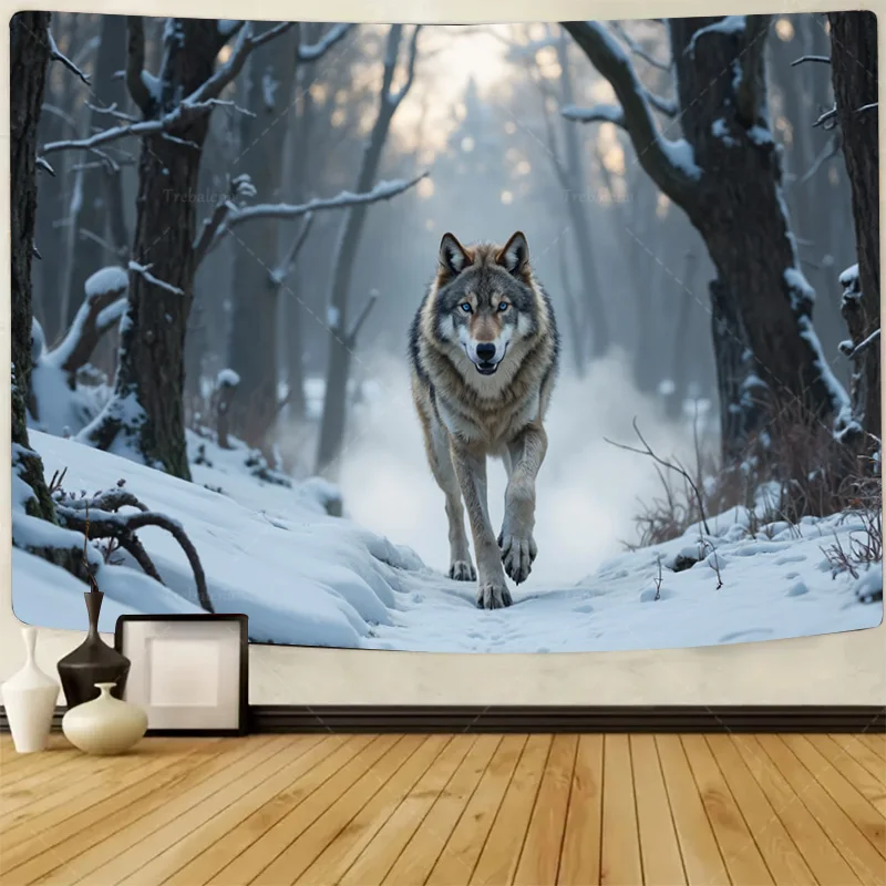 

1шт настенный гобелен "Зимний волк в снежном лесу" - настенный гобелен с изображением природы"