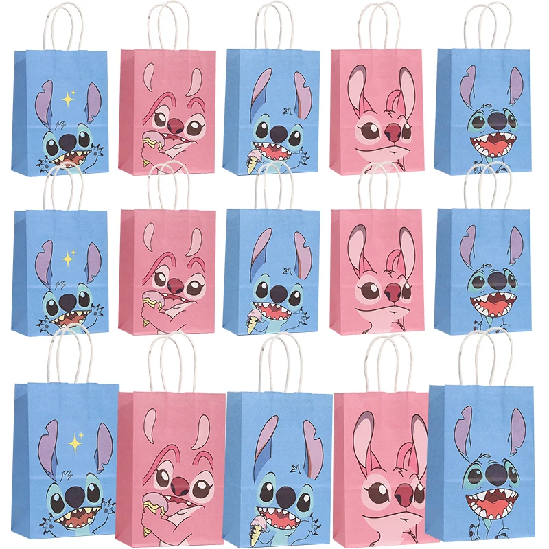 10/20pcs Stitch Themed Party Gift Bags with Handle Blue Pink Stitch Kraft Bags Baby Shower Kids Bithday Party Favors Bags Decor