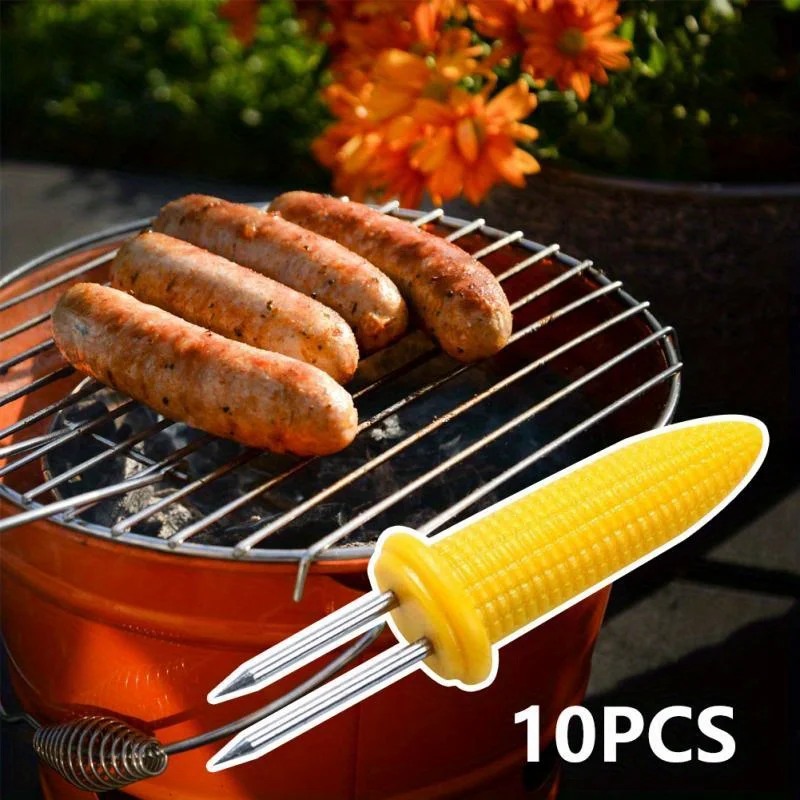 10PCS Steel Corn Forks Skewers Small BBQ Camping Corn Holders Heat Resistant Kitchen Additions Outdoor BBQ Tools Fruit Forks