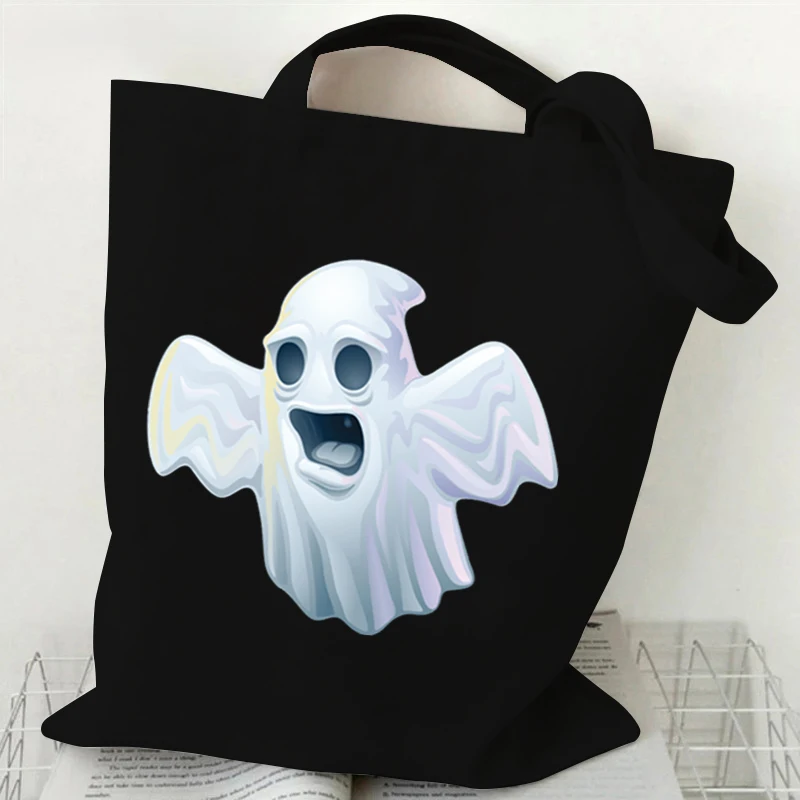 Women Canvas Shoulder Bag Halloween Ghost Reading Books Print Handbag Ladies Casual Bookworm Tote Bag Book Lovers Shopping Bag