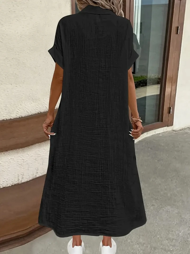 ชุดเดรสเชิ้ตฤดูร้อนลําลองของผู้หญิงปี 2025 ชุดเดรสแขนสั้นสีทึบ