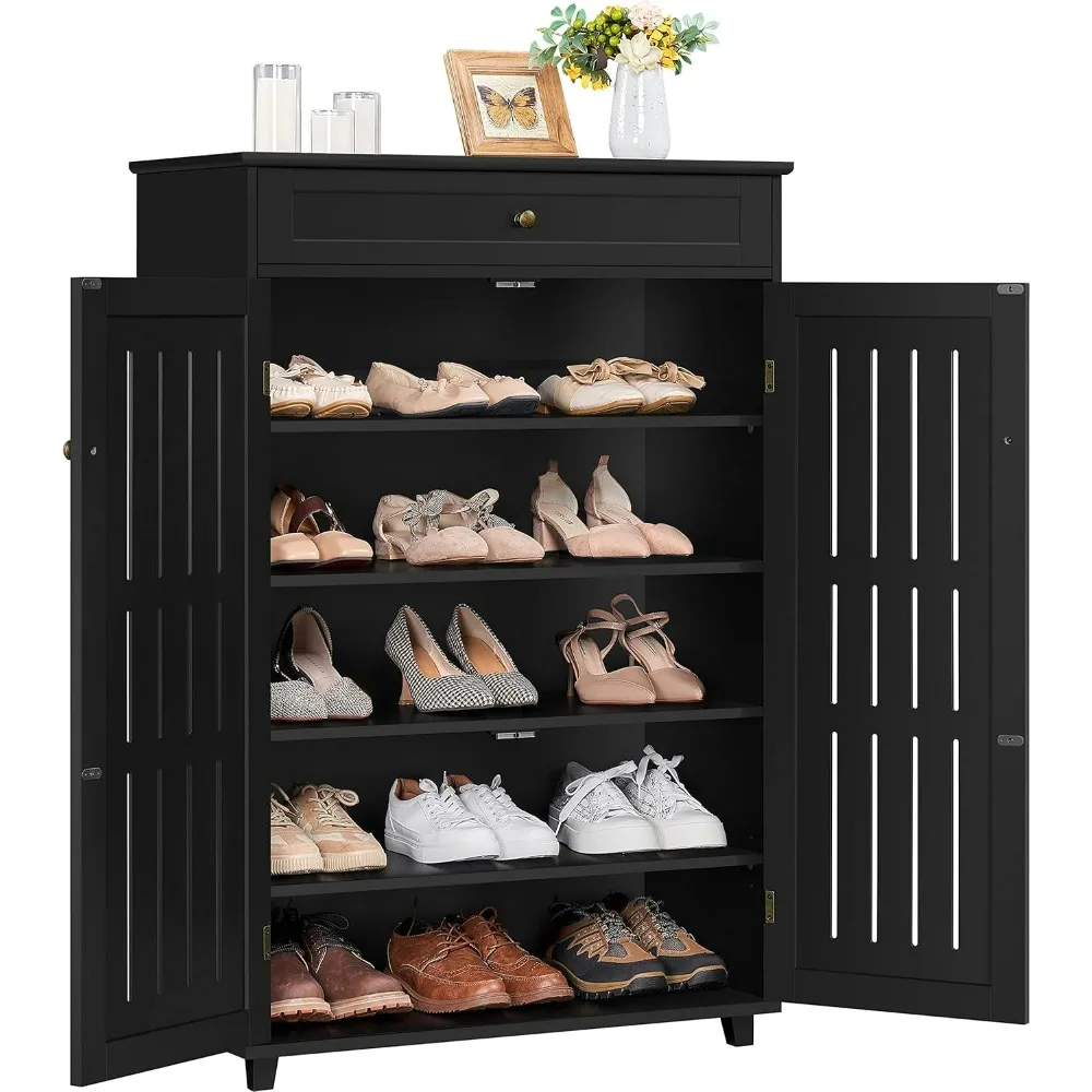 5-storey independent wooden shoe storage cabinet with 1 drawer and adjustable rack with 2 louver doors