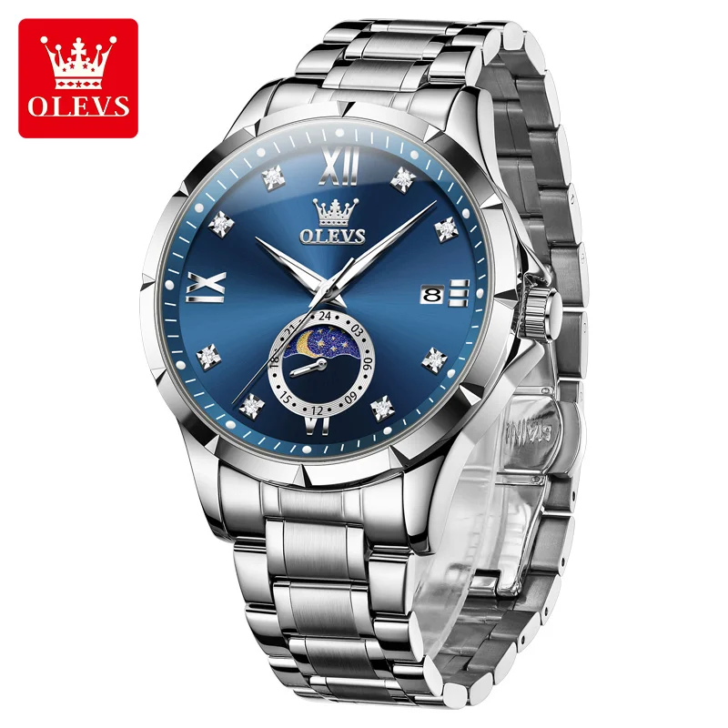 

OLEVS 2956 Мужские часы 45 мм с большим циферблатом, оригинальные водонепроницаемые кварцевые мужские наручные часы из нержавеющей стали со светящейся фазой Луны