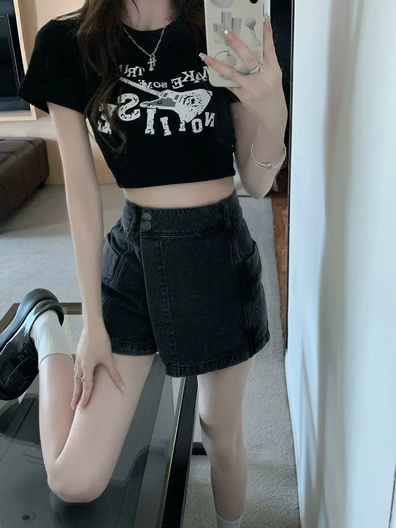 High Waist Denim orts Women's Spring Autumn Anti Exposure Slimming Design A-Line  Skirt Pants Cotton Stretch Denim