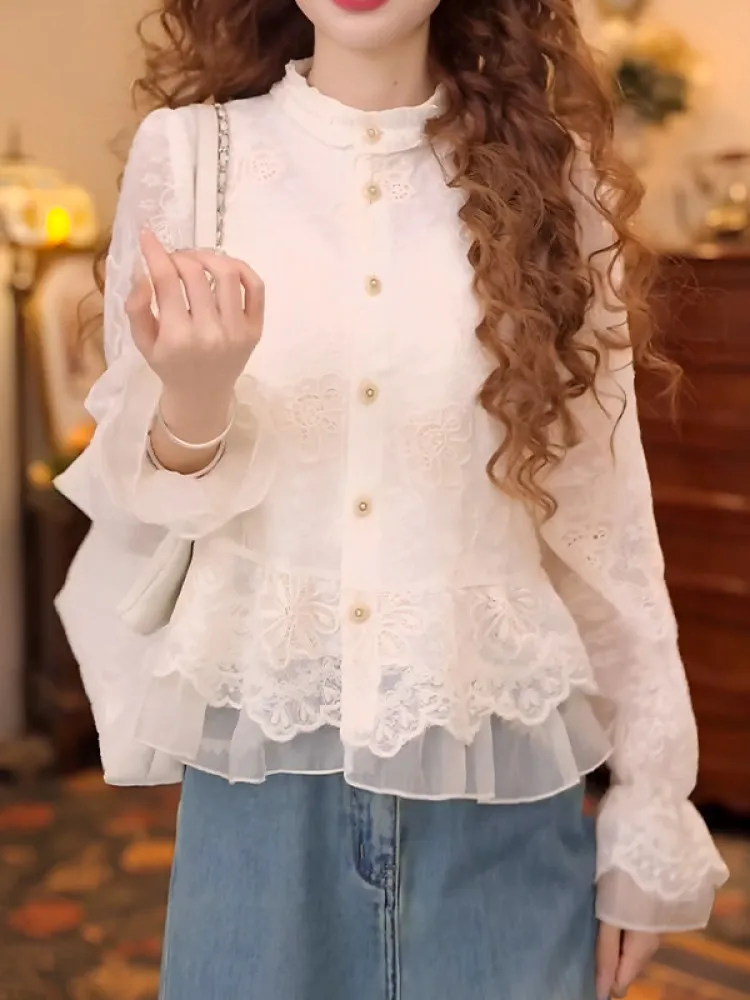 

Retro Lace Style White Long Sleeve Shirt Women's Commute Stand Collar Button Design Slimming Personality Top Spring Autumn