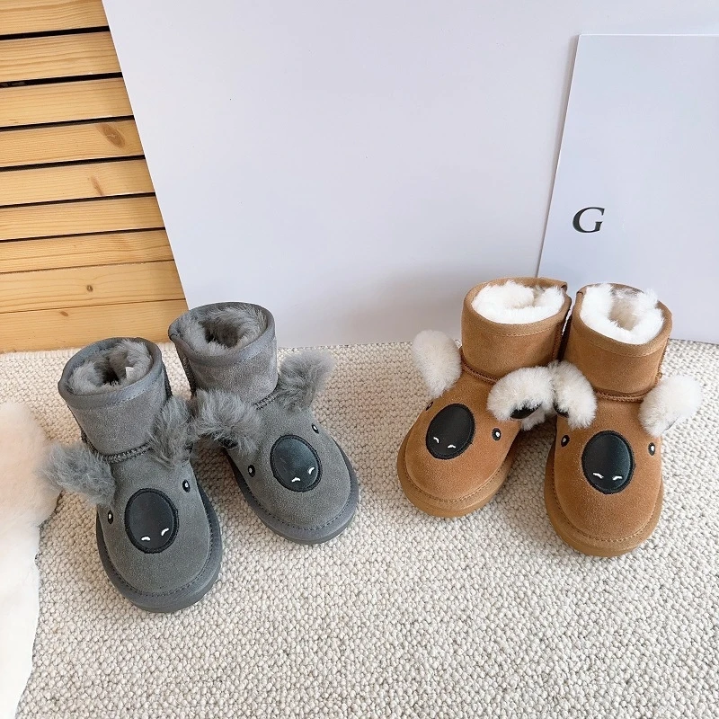 Winter Warm Lamb Wool Kids Snow Boots Suede Leather Cartoon Koala Baby Girls Ankle Boots Genuine Leather Boys Cotton Shoes