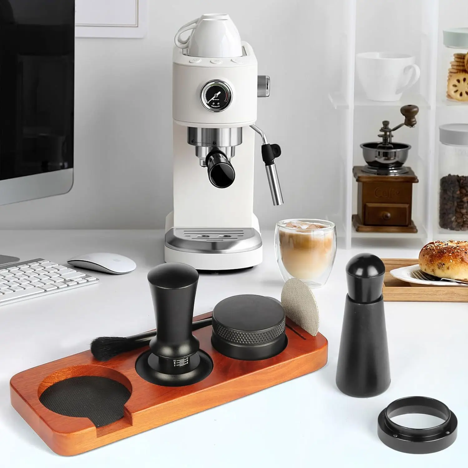 7pcs/set Espresso Coffee Tamper Set Portable Coffee Press Gadget 51mm Espresso Accessories Kit with Dispenser & Powder Tamp Pad