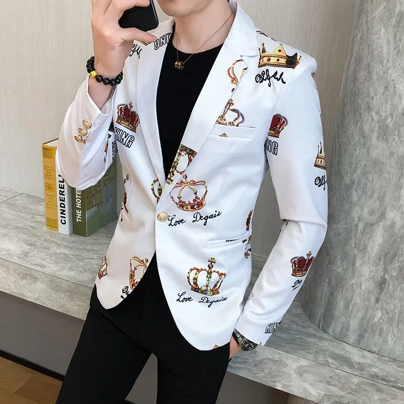 HOO 2024 Men\'s Autumn New Printed Suit Jacket Slim Fit Casual Handsome   blazer