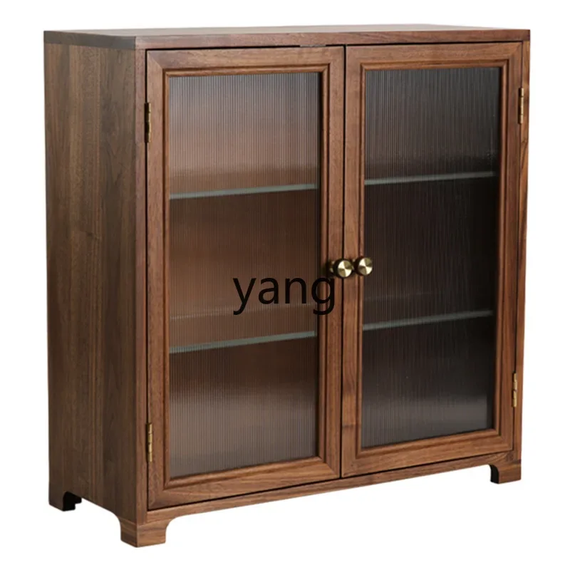 Yjq black walnut tea room tea set storage new Chinese desktop solid wood double door multi-layer storage side cabinet