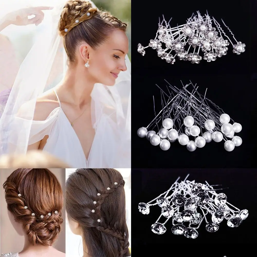 20pcs Bridal U-shaped Pin Metal Barrette Clip Hairpins Rhinestone Pearl Women Hair Accessories Wedding Hairstyle Design Tools