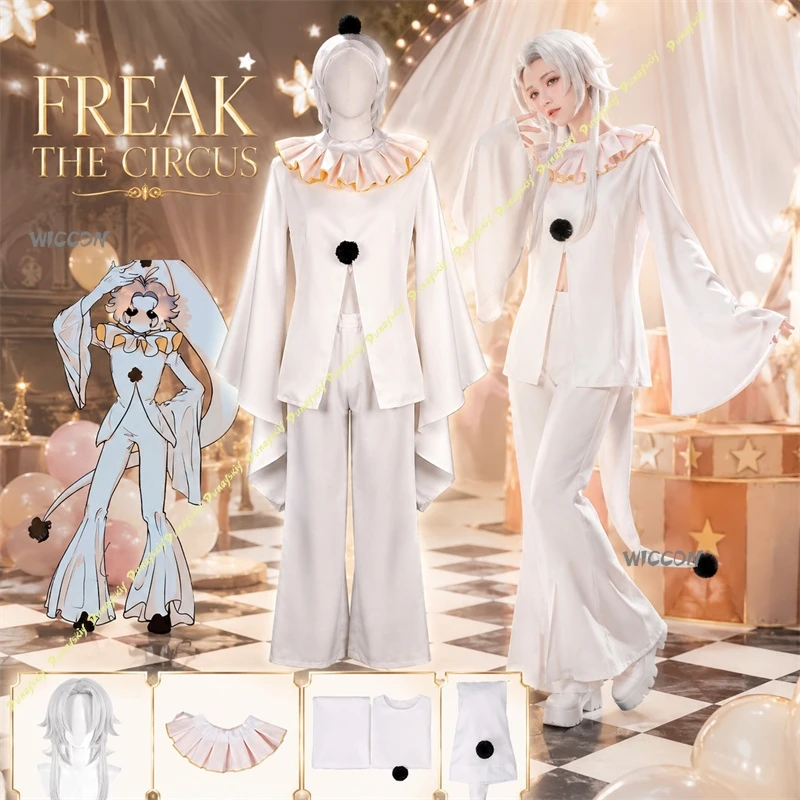 White Pierrot Horror Game Freakk Circuuss Cosplay White Clothes Man Hat Silver Long Wig Halloween Navidad Carnaval Halloween Cos