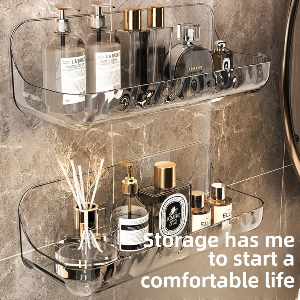 Prateleira de banheiro acrílica sem broca, organizador de parede para shampoo, economia de espaço, armazenamento de banheiro, prateleira de canto