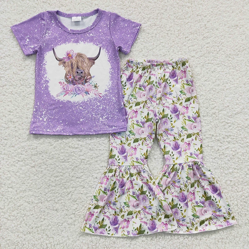 

Wholesale Toddler Western Cow Outfit Purple Short Sleeves Shirt Floral Baby Girl Bell Bottom Pants Children Kid Spring Fall Set