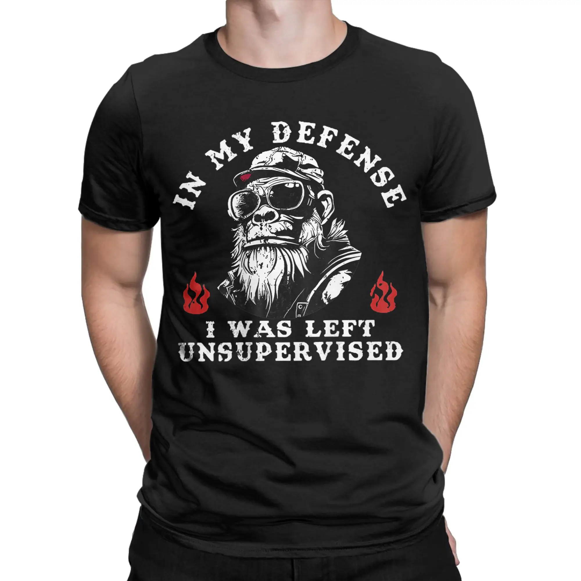 Men T-Shirt In My Defense I was Left Unsupervised Humorous Cotton Tees Short Sleeve Funny Monkey T Shirt Round Neck merch Print