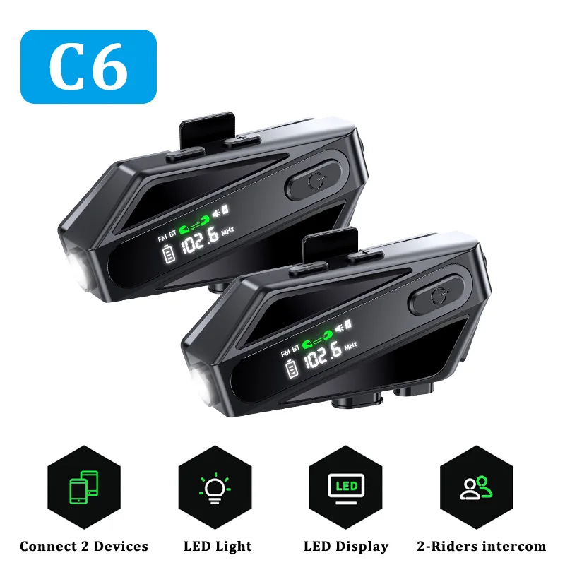 

1/2 шт. C6 мотоциклетный шлем Bluetooth-гарнитура для внутренней связи светодиодное освещение FM голос CVC шумоподавление 500 м расстояние IPX6 водонепроницаемый