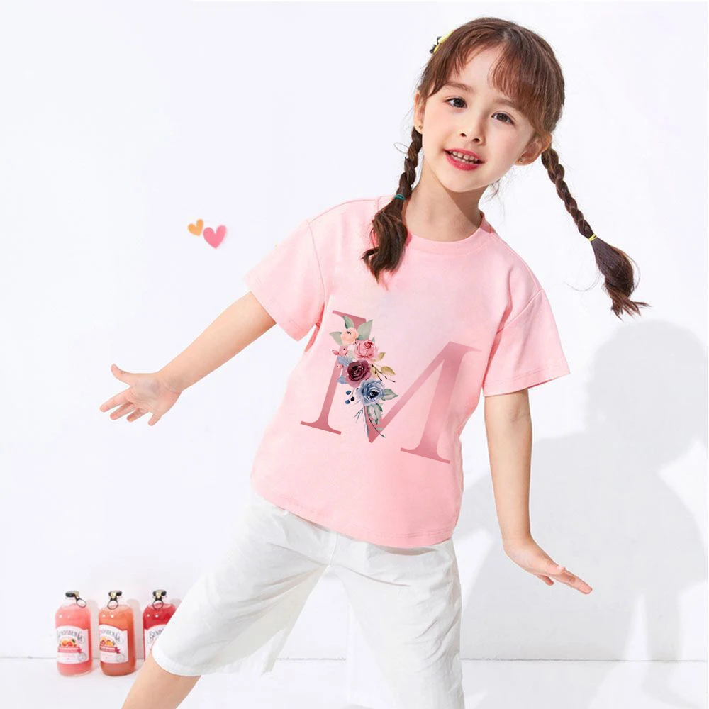 New Pink Flower Letter A B C D Children T-shirt Kawaii T Shirt Anime Cartoons Casual Clothes Kid Girl Boy Short Sleeve Top Tee