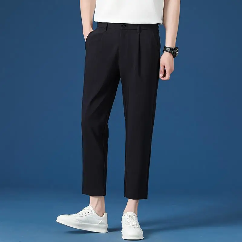 

Straight Draped Slim Fit Men's 9 Cropped Suits Pants Designer Clothes Thin Casual Vintage Luxury High Quality Male Suit Trousers