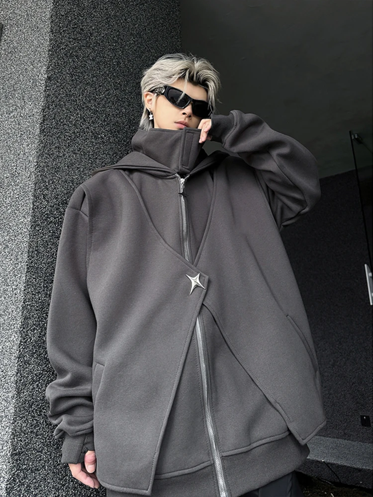 Autumn Winter American High Street Men's High Collar Fake Two-Piece Gray Hooded Jacket Loose Casual Daily Black Velvet Jacket
