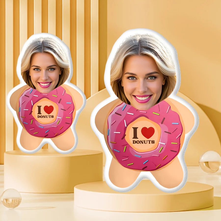 Oreiller personnalisable en forme de beignet, fabriqué en fibre de polyester douce, design double face avec "i". ♥    Le badge "donuts" est parfait.