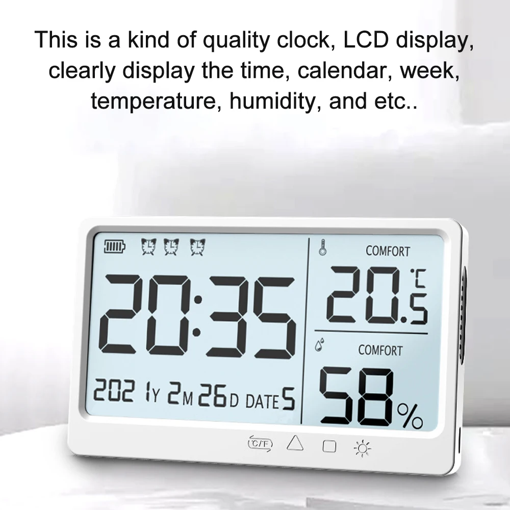 Electronic Weather Station Thermometer Digital Temperature Humidity Meter High Precision Hygrometer Alarm Clock LCD Screen