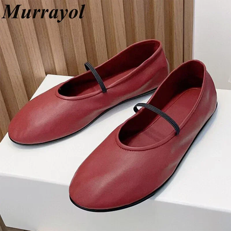 Round Toe Genuine Leather Soft Sole Ballet Shoes Women One Strap Solid Color Mary Jane Shoes Spring Autumn FlatShoe Single Shoes
