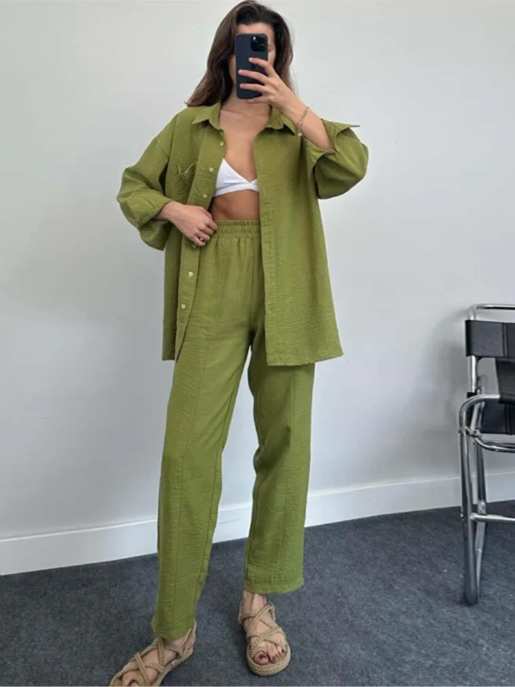 Casual New In Damskie Dwuczęściowe Zestawy 2024 Wiosna Jesień Eleganckie Koszule I Szerokie Nogawki Spodnie Wysoka Talia 2-częściowe Zestawy Stroje
